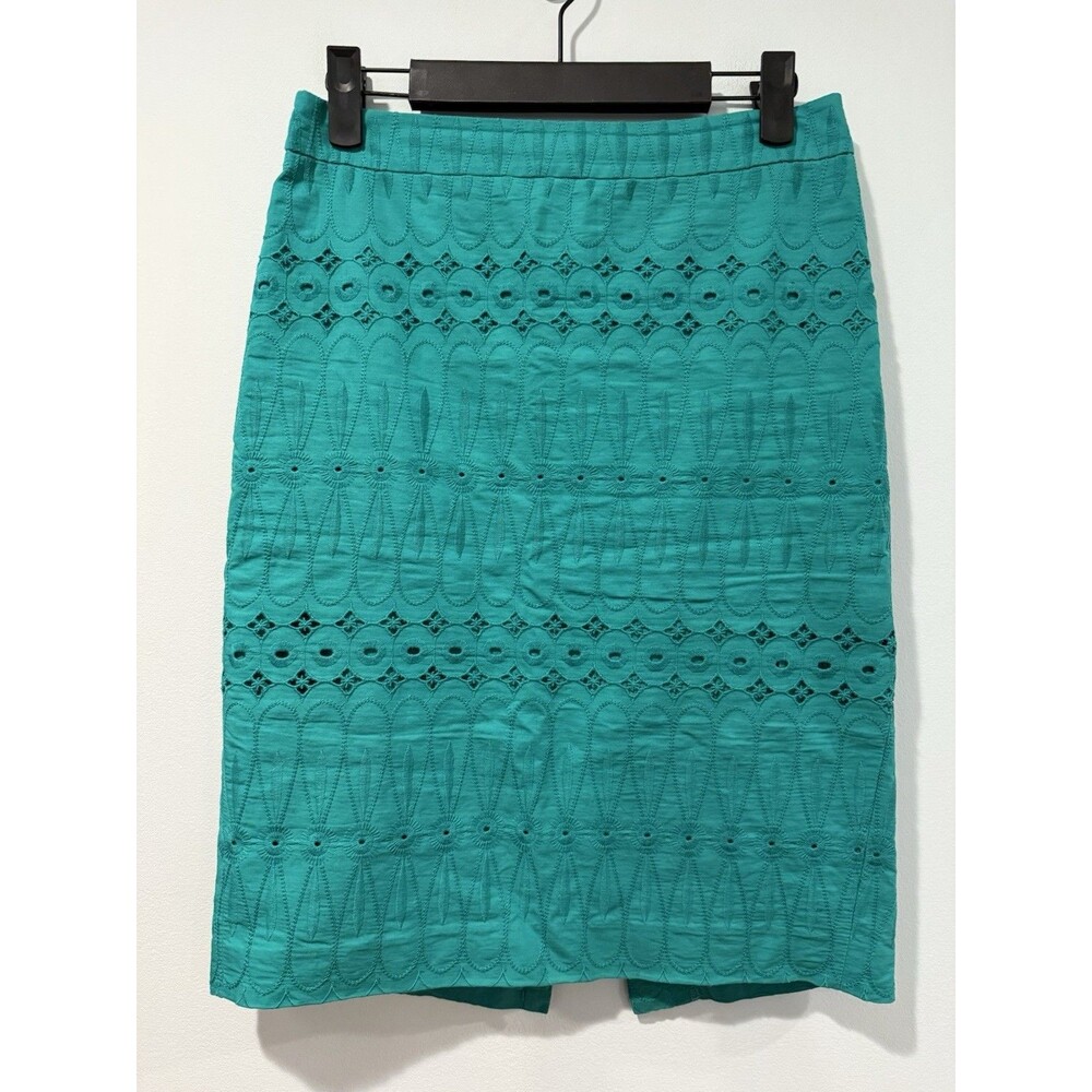 Ann Taylor Loft Skirt Women 0 Green Cotton Eyelet Pencil Lined Workwear Twee